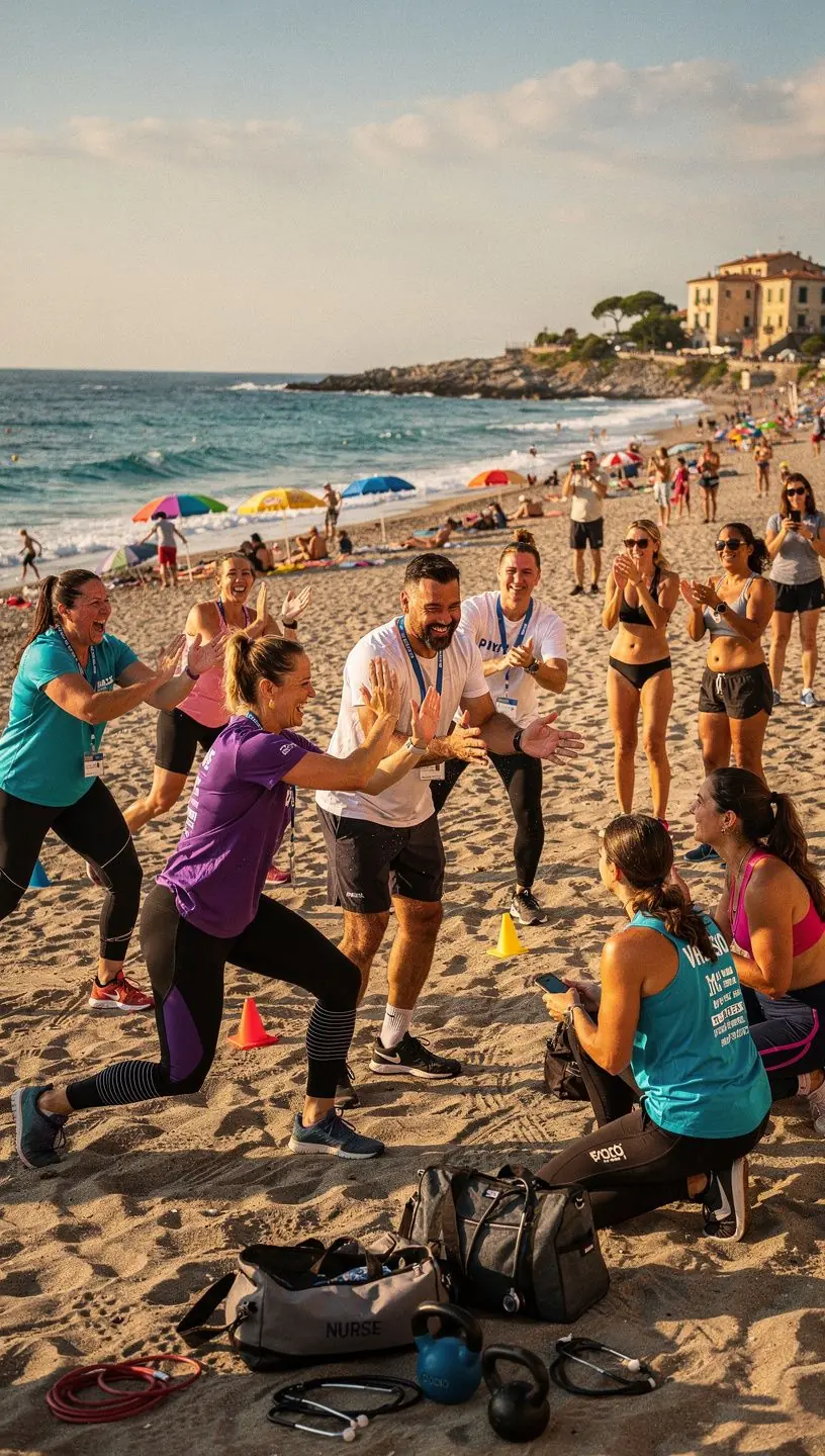 Donne e uomini che partecipano a una lezione di fitness di gruppo, sorridendo e motivandosi a vicenda.
