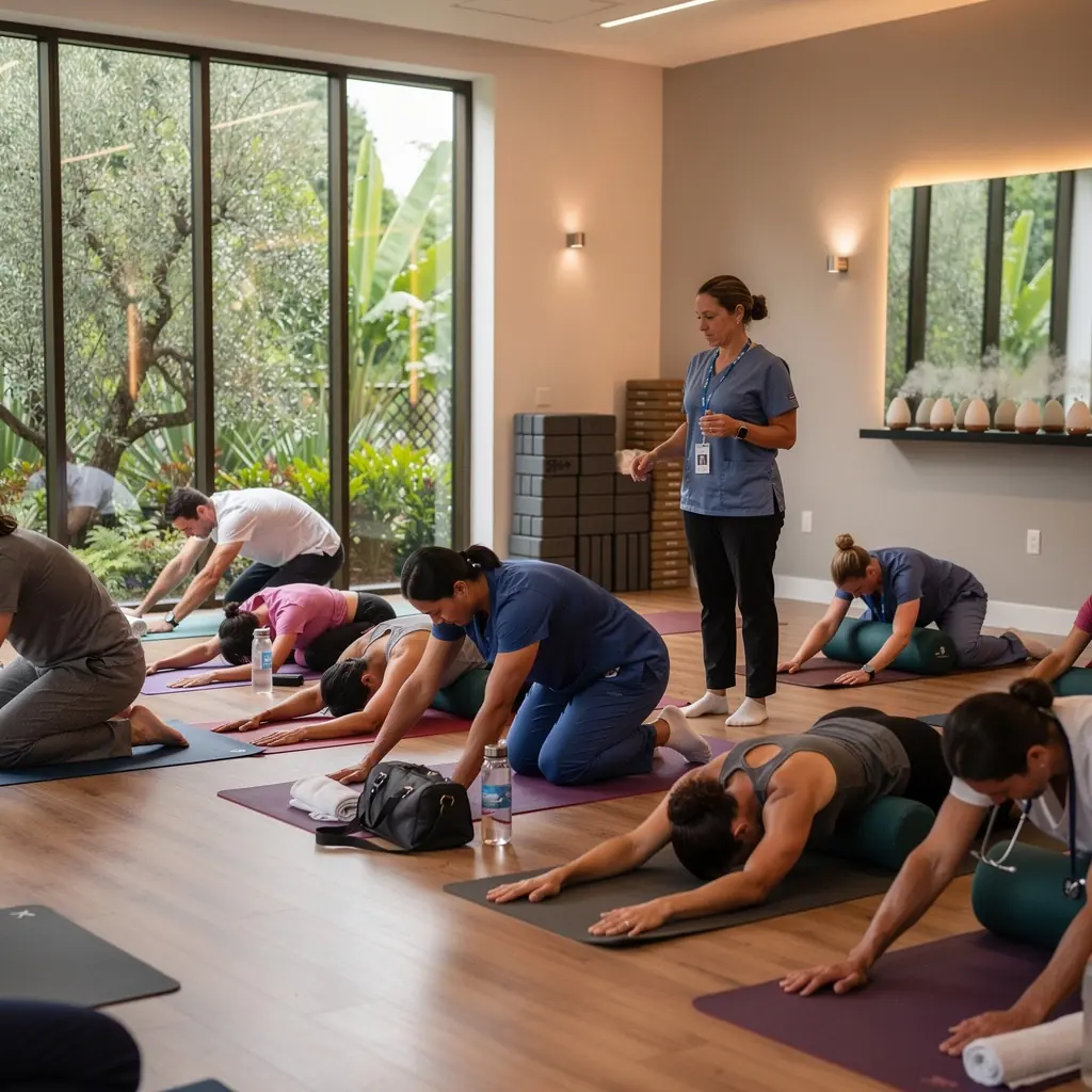 Un gruppo di persone che eseguono esercizi di circuito in palestra con attrezzature varie.